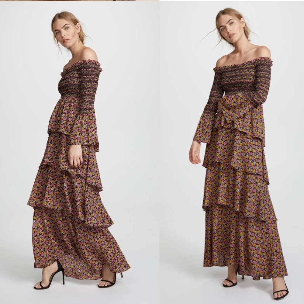 A.L.C. Amalia Tiered‎ Silk Floral Boho Off The Shoulder Maxi Dress Size 4